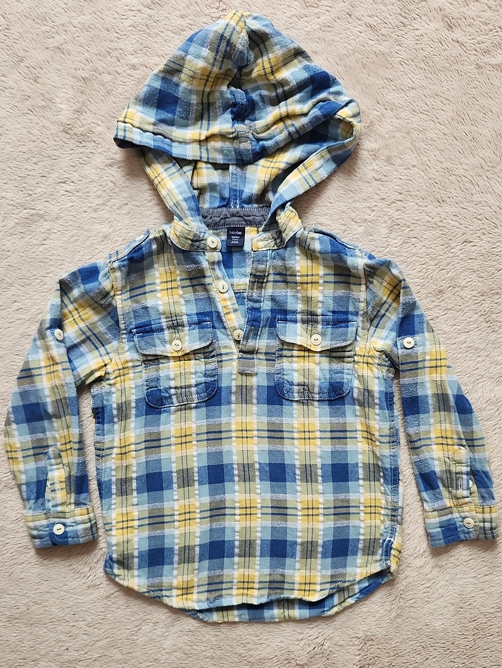 GAP Kids Blue & Yellow Plaid Hooded Flannel Shirt